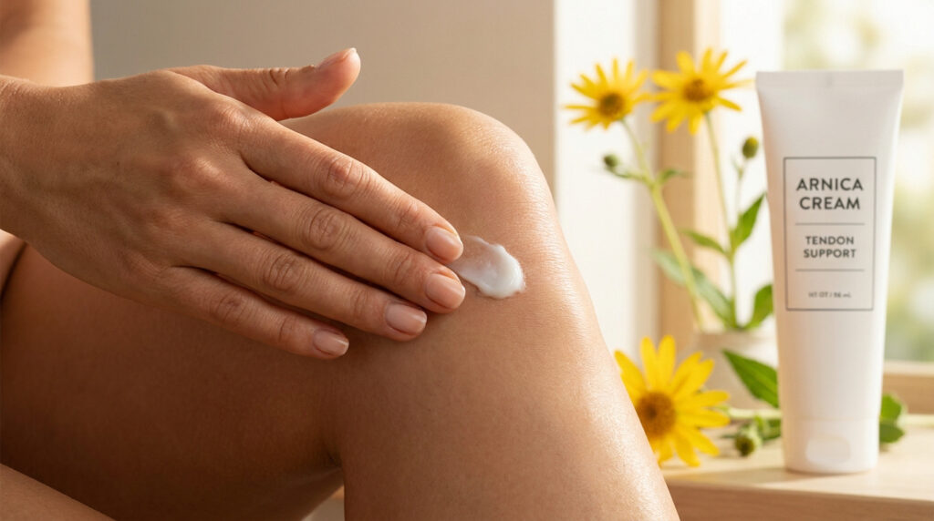 Une main applique de la crème Arnica sur un genou. Tube d'Arnica Cream Tendon Support et fleurs jaunes en arrière-plan.