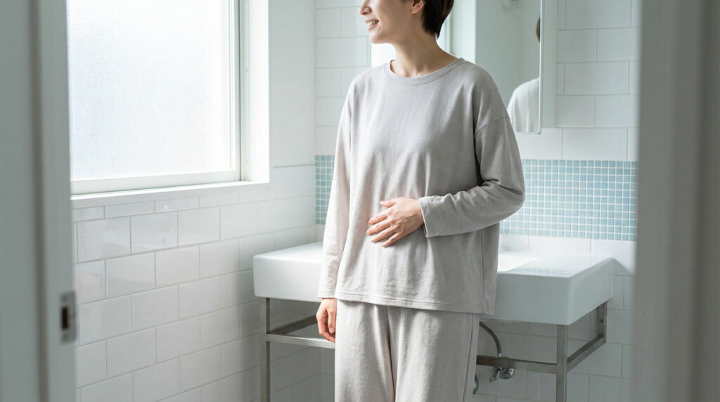Une femme en tenue de maison claire se tient le bas-ventre dans une salle de bain lumineuse, cherchant le soulagement.