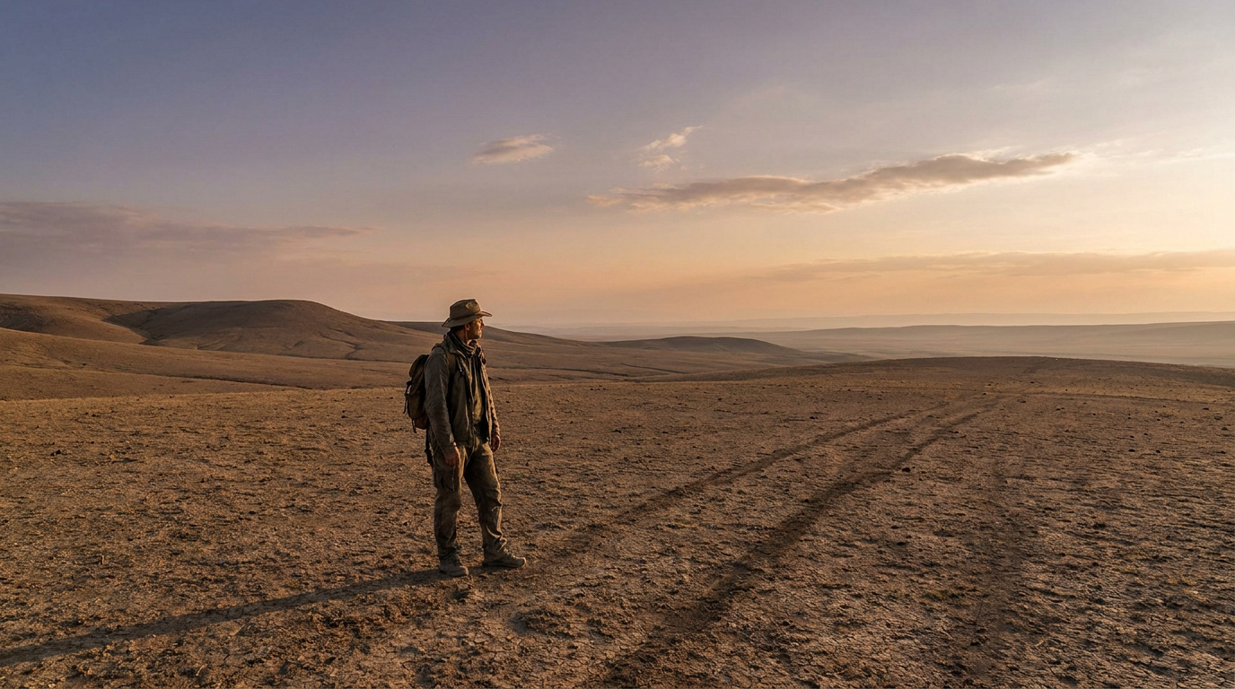 Un explorateur solitaire équipé d'un chapeau et d'un sac à dos contemple un vaste paysage aride sous un ciel de crépuscule.