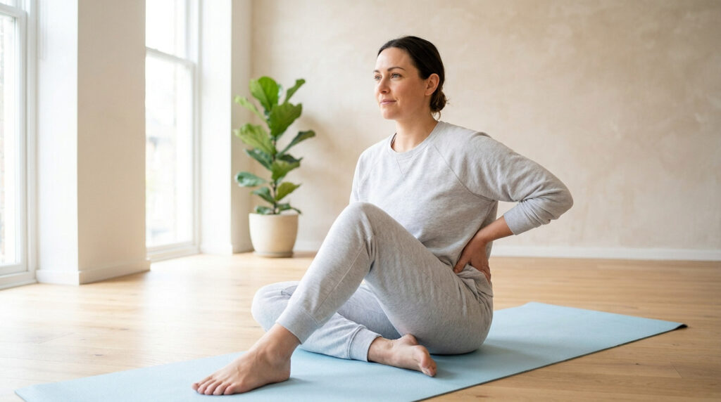 Une femme assise sur un tapis de yoga se tenant la hanche, évoquant une douleur physique liée à une tendinite.