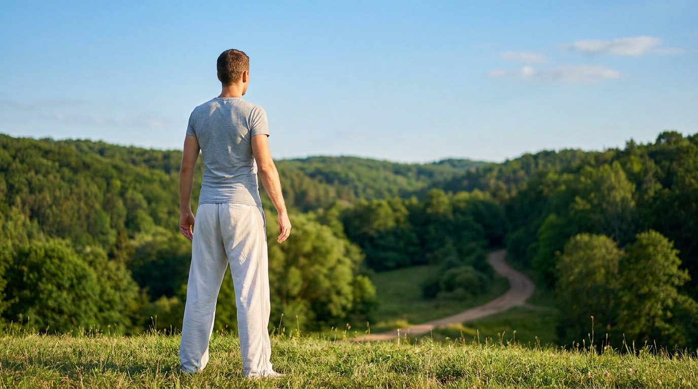 Un homme debout, de dos, contemplant un paysage vallonné et verdoyant après une infiltration lombaire.