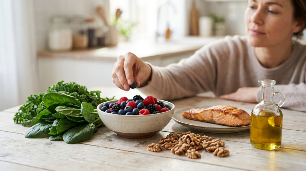 Une femme choisit des myrtilles dans un bol entouré d'aliments sains comme du saumon, des épinards et des noix.