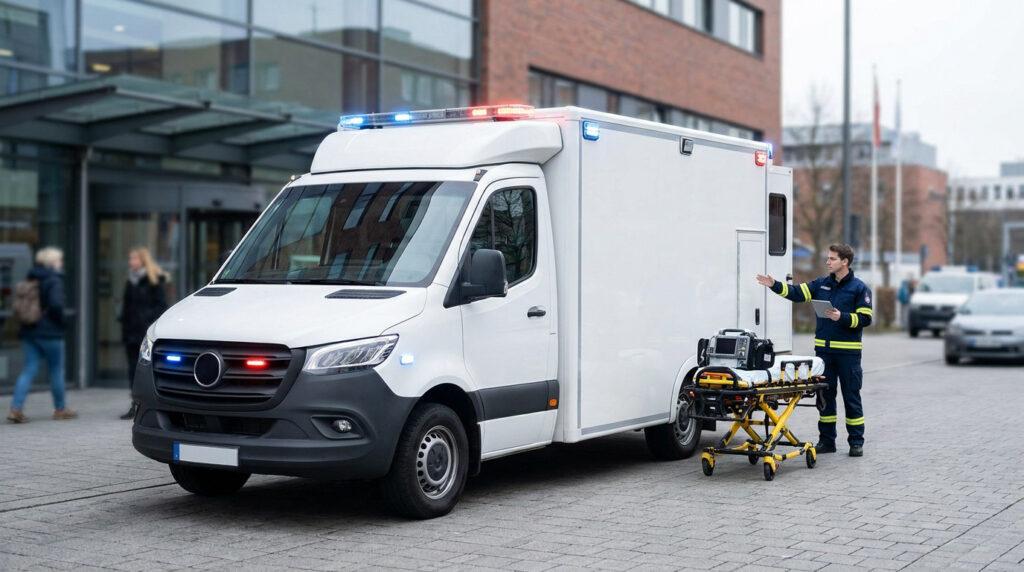 Ambulance blanche stationnée devant un hôpital avec un ambulancier utilisant une tablette près d'un brancard.