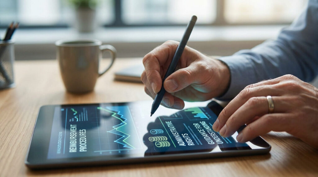 Mains utilisant un stylet sur une tablette affichant des graphiques financiers et des procédures de remboursement.