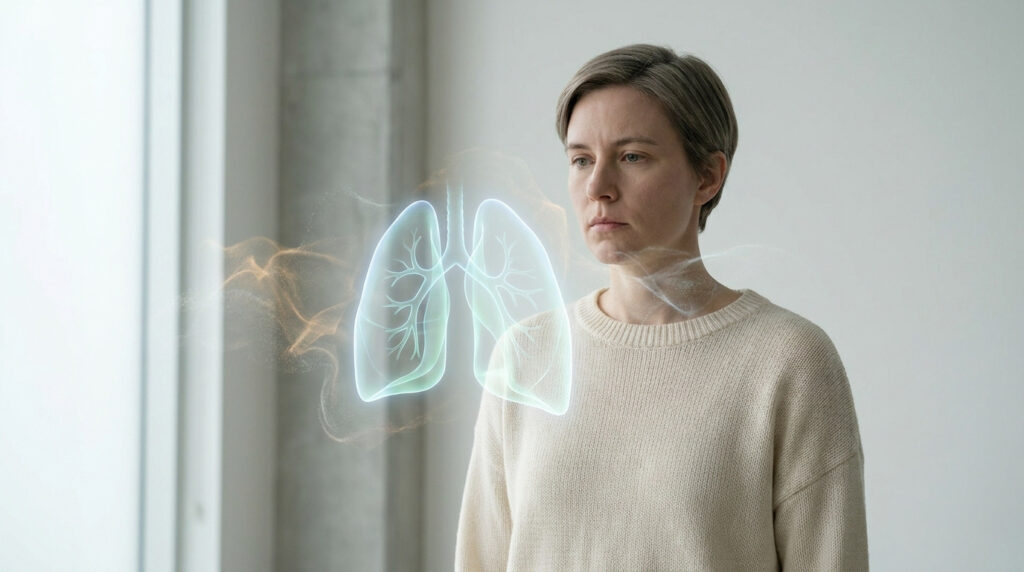 Une femme regarde une image holographique de poumons flottant devant elle, symbolisant la santé respiratoire.