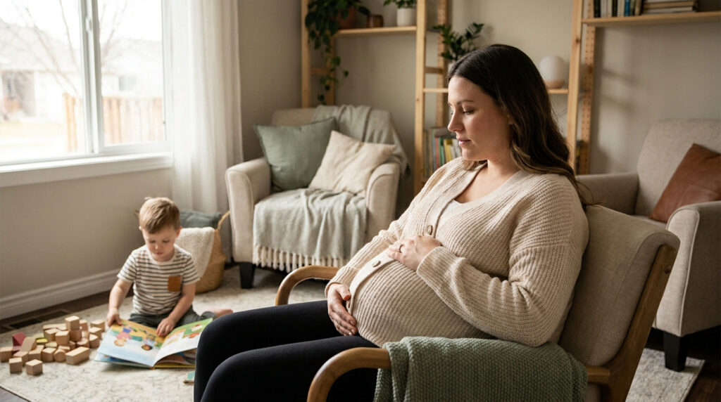 Une femme enceinte assise dans un fauteuil, regardant son jeune fils jouer au sol avec des cubes en bois.