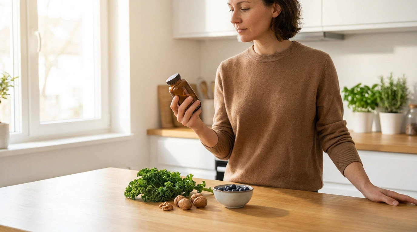 Une femme dans sa cuisine regarde un flacon de compléments alimentaires à côté de chou frisé, de noix et de myrtilles.