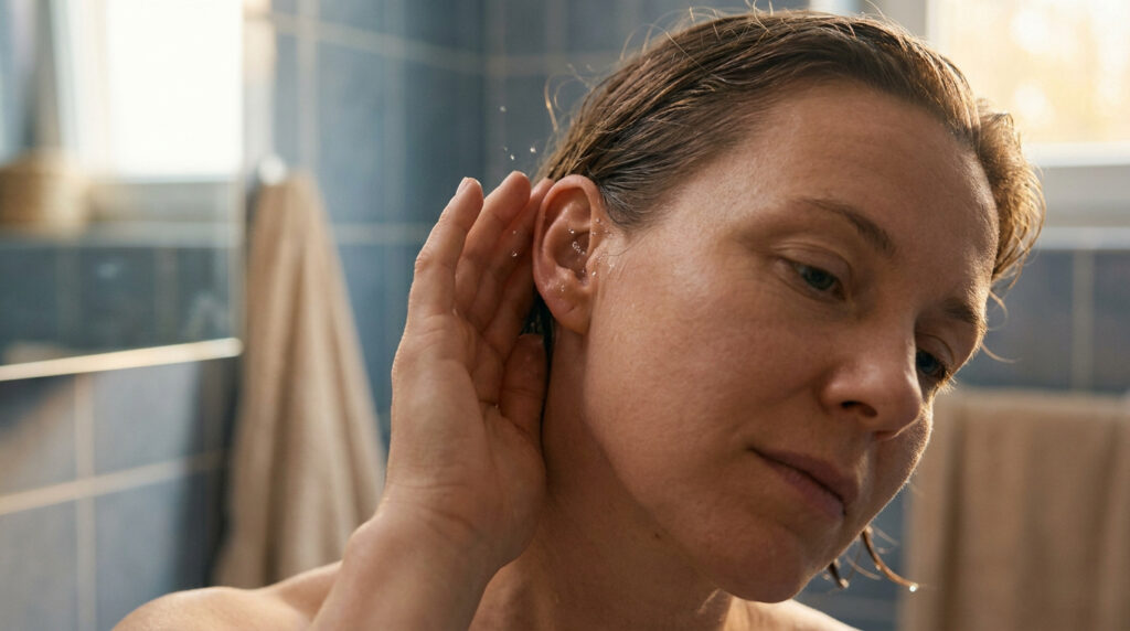 Une femme dans une salle de bain essaye de faire sortir l'eau de son oreille après la douche.