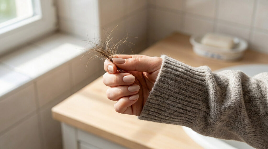Une main tenant une mèche de cheveux perdus dans une salle de bain lumineuse.
