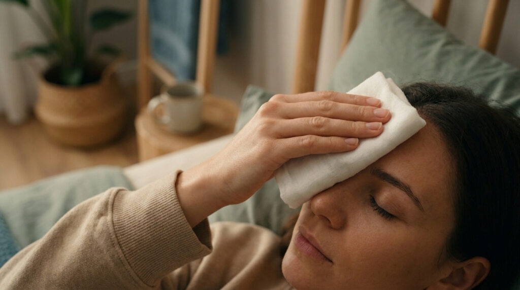 Une femme allongée applique une compresse tiède sur sa paupière pour soulager un chalazion.