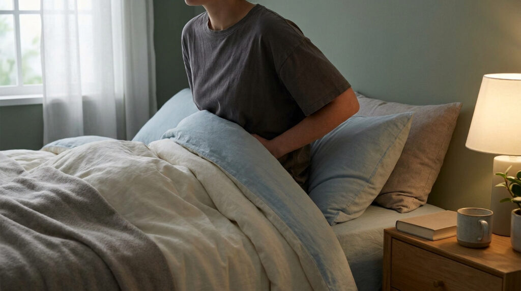 Une personne assise dans son lit, tenant sa poitrine avec une expression de douleur, évoquant une côte cassée.