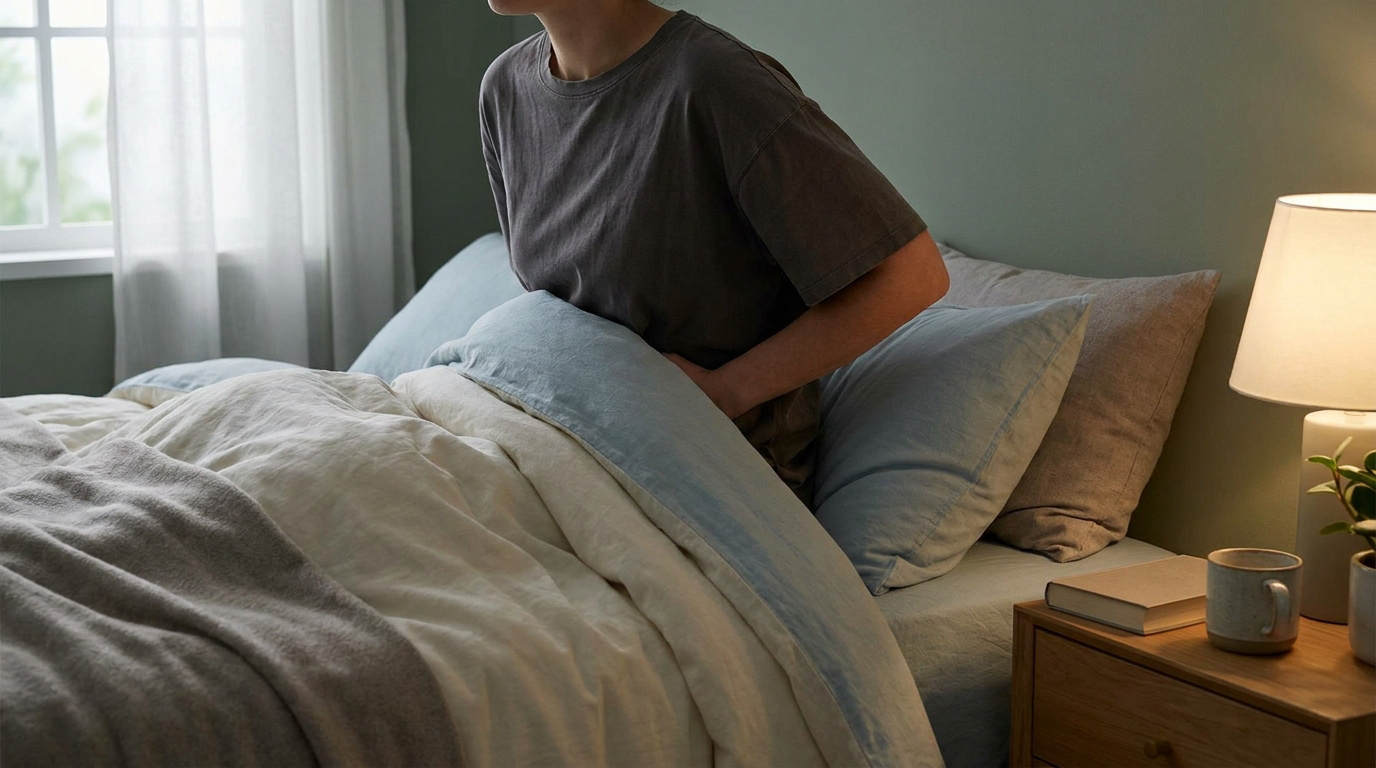 Une personne assise dans son lit, tenant sa poitrine avec une expression de douleur, évoquant une côte cassée.