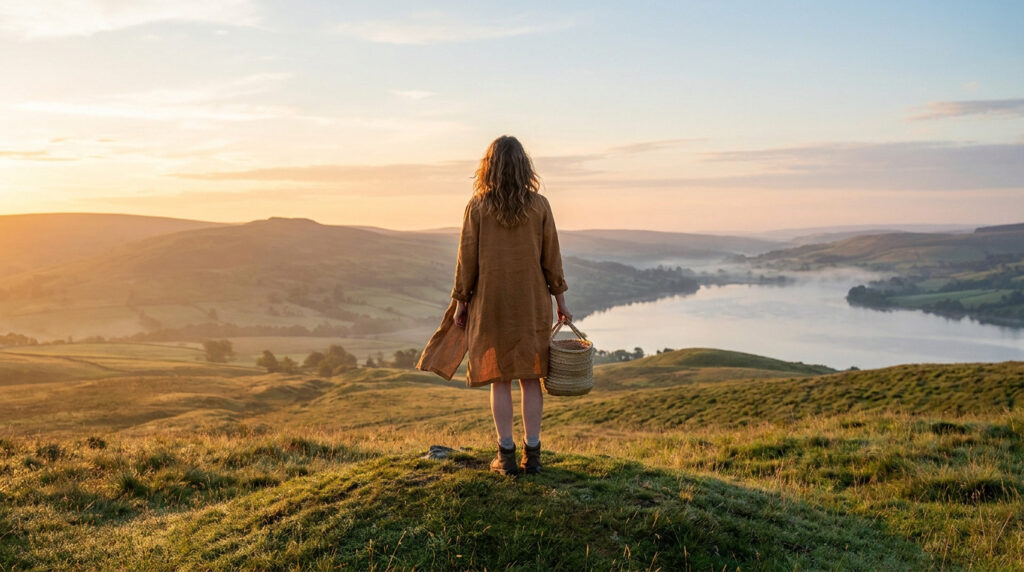 Une femme debout sur une colline au coucher du soleil, regardant un lac dans une vallée brumeuse.