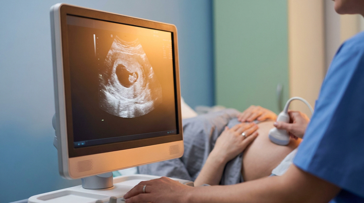 Médecin effectuant une échographie obstétricale montrant un embryon sur l'écran pour confirmer une grossesse évolutive.