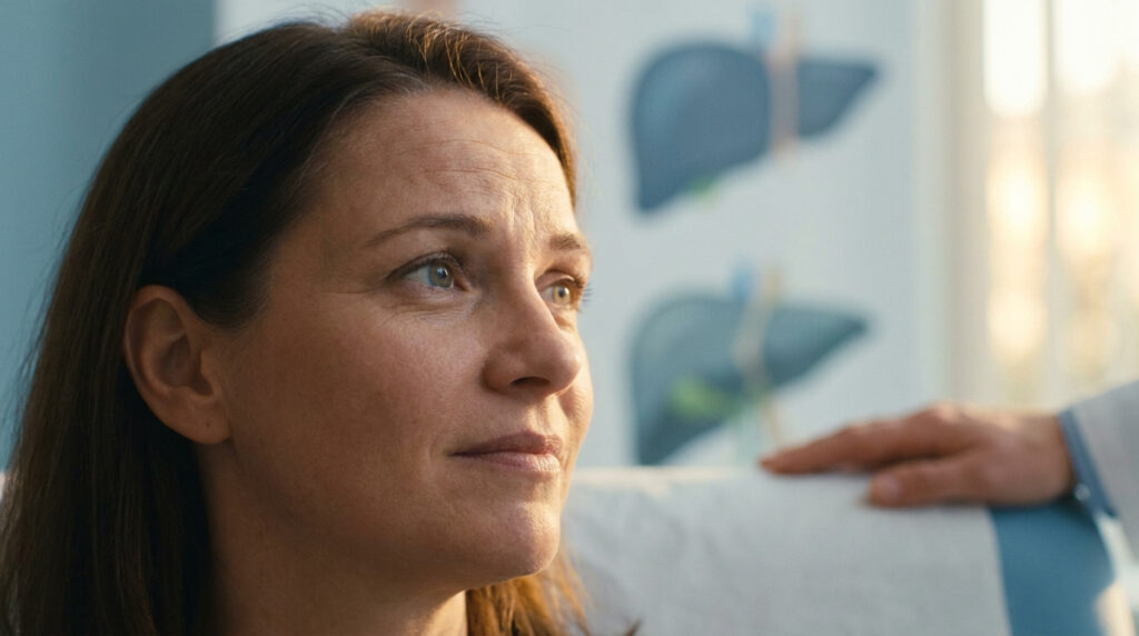 Une femme consulte un médecin dans un cabinet avec un schéma du foie en arrière-plan.