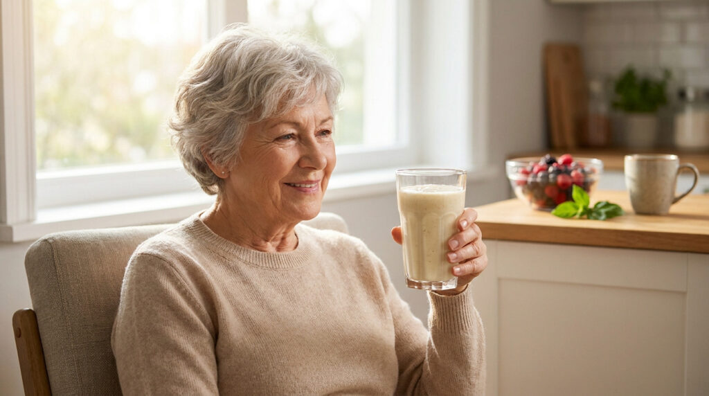 Une femme âgée souriante tient un verre de substitut alimentaire dans une cuisine lumineuse.