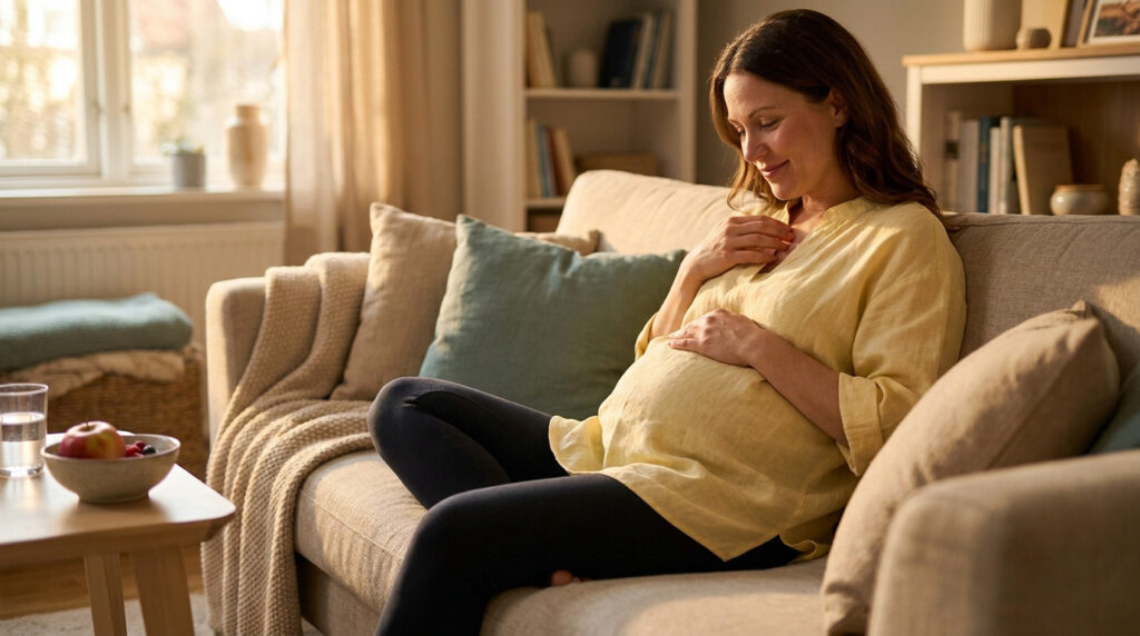 Une femme enceinte assise sur un canapé, tenant sa poitrine avec une expression de gêne liée aux brûlures d'estomac.