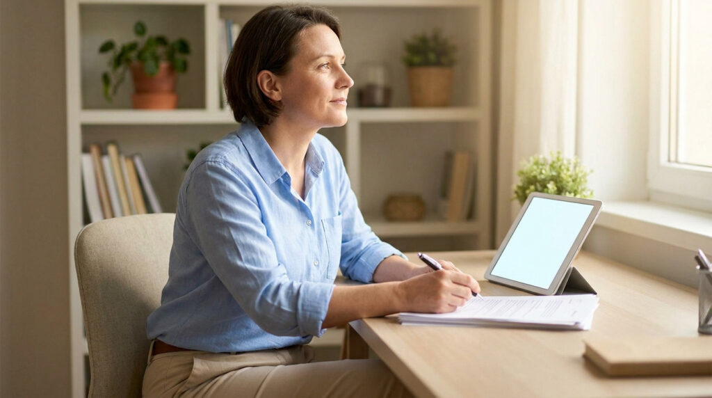 Une femme assise à un bureau, remplissant un document officiel avec une tablette à côté d'elle.