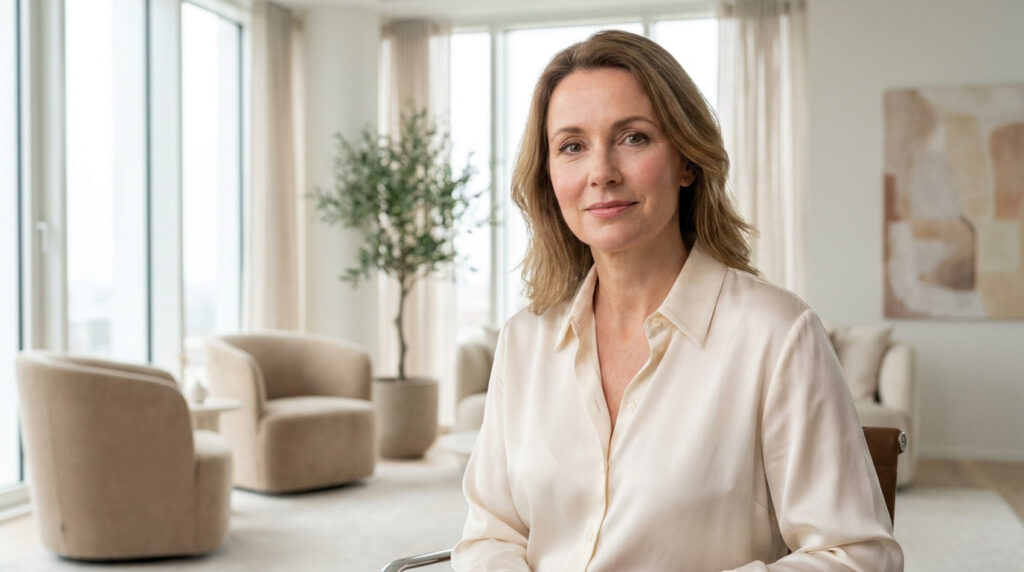 Une femme élégante souriant doucement dans un cabinet de consultation moderne et lumineux à Sens.