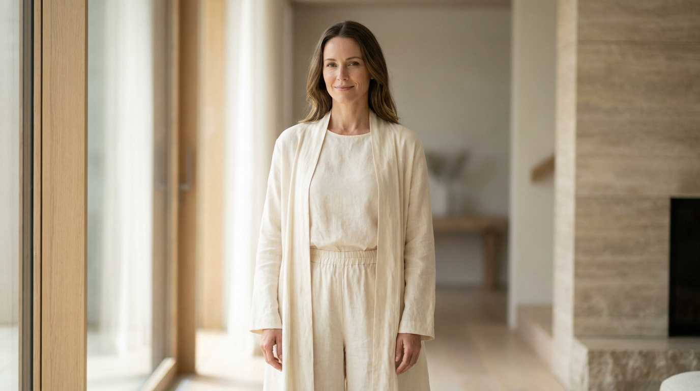 Femme souriante en vêtements beiges debout dans un intérieur lumineux et moderne.