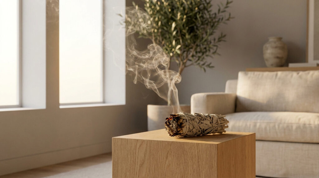 Un bâton de sauge blanche qui fume posé sur un cube en bois dans un salon lumineux et apaisant.