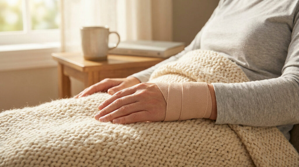 Une personne se repose sous une couverture, la main enveloppée d'un bandage beige après une opération du canal carpien.