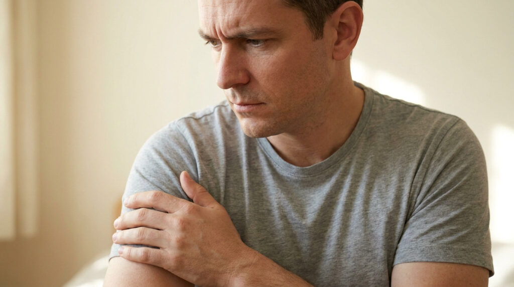 Un homme inquiet touchant son épaule et son aisselle.