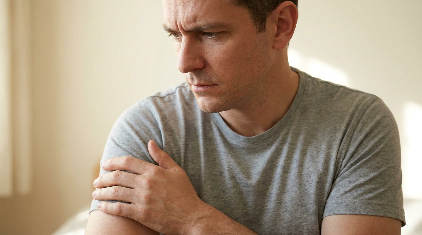 Un homme inquiet touchant son épaule et son aisselle.