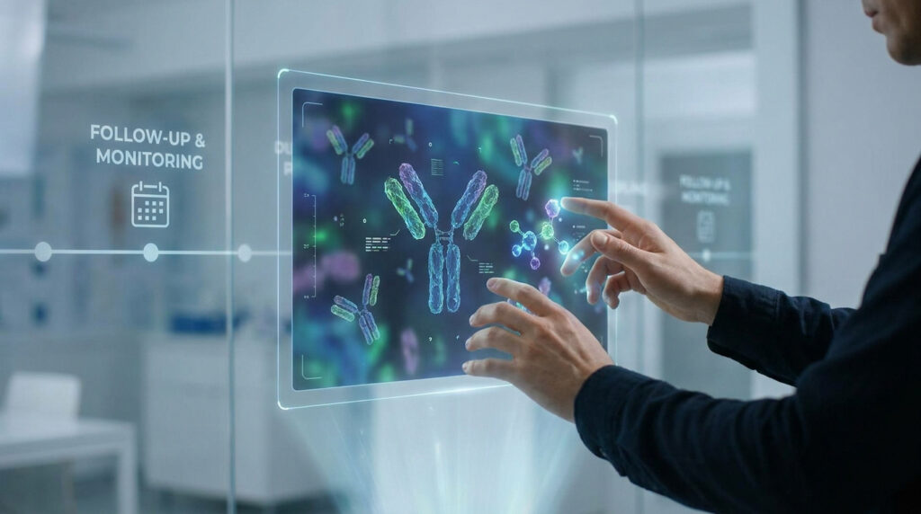 Un chercheur manipulant une interface holographique affichant des structures moléculaires d'anticorps dans un laboratoire.
