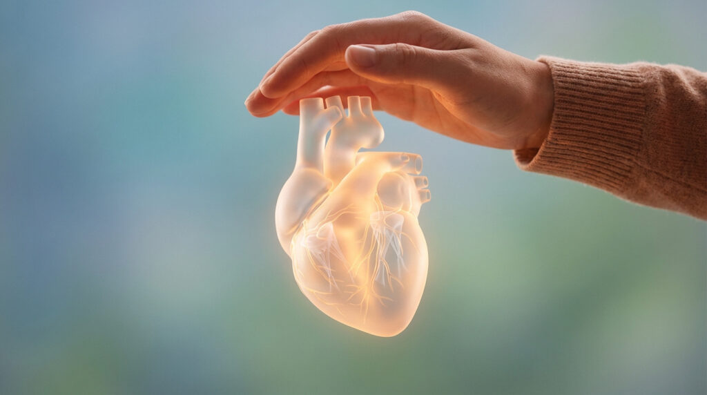 Main humaine protégeant délicatement un cœur humain translucide et lumineux sur un fond doux.