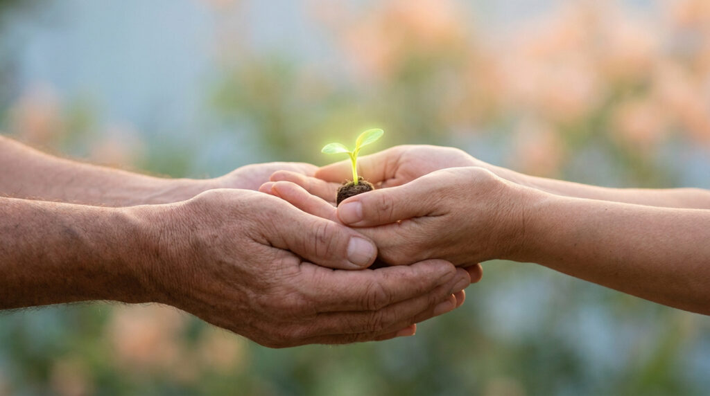 Deux paires de mains se rejoignent pour tenir délicatement une petite plante verte poussant dans un peu de terre.