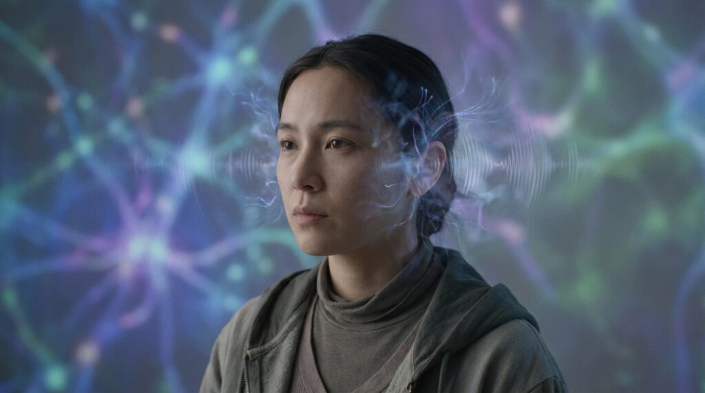 Portrait d'une femme avec des ondes sonores et des connexions neuronales lumineuses autour de sa tête.