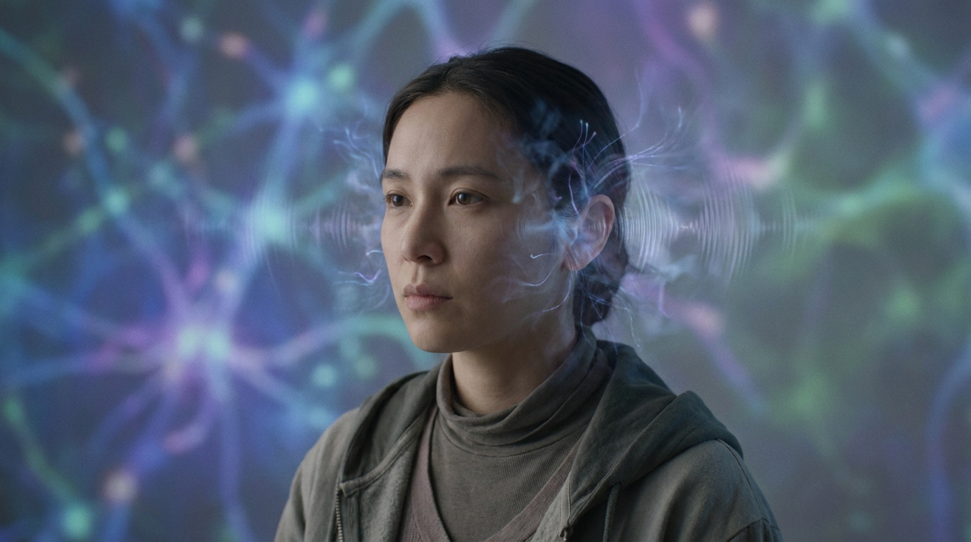 Portrait d'une femme avec des ondes sonores et des connexions neuronales lumineuses autour de sa tête.