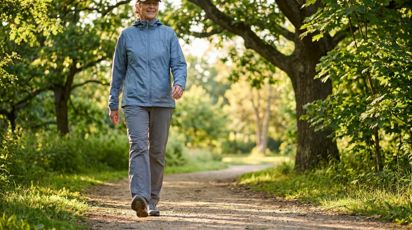 Une femme souriante marche paisiblement sur un sentier en forêt par une journée ensoleillée.