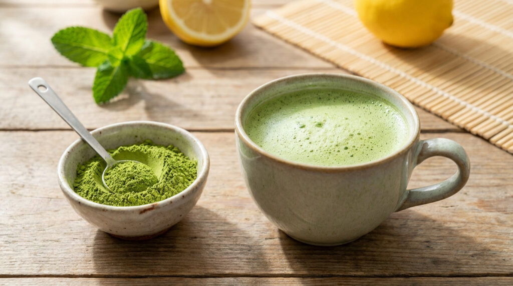 Une tasse de thé matcha chaud à côté d'un petit bol contenant de la poudre de matcha et une cuillère.