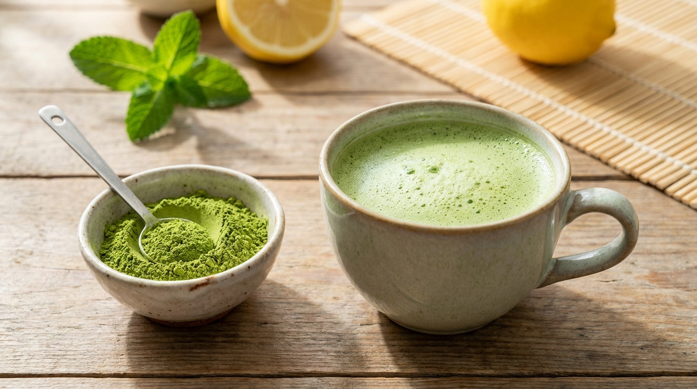 Une tasse de thé matcha chaud à côté d'un petit bol contenant de la poudre de matcha et une cuillère.
