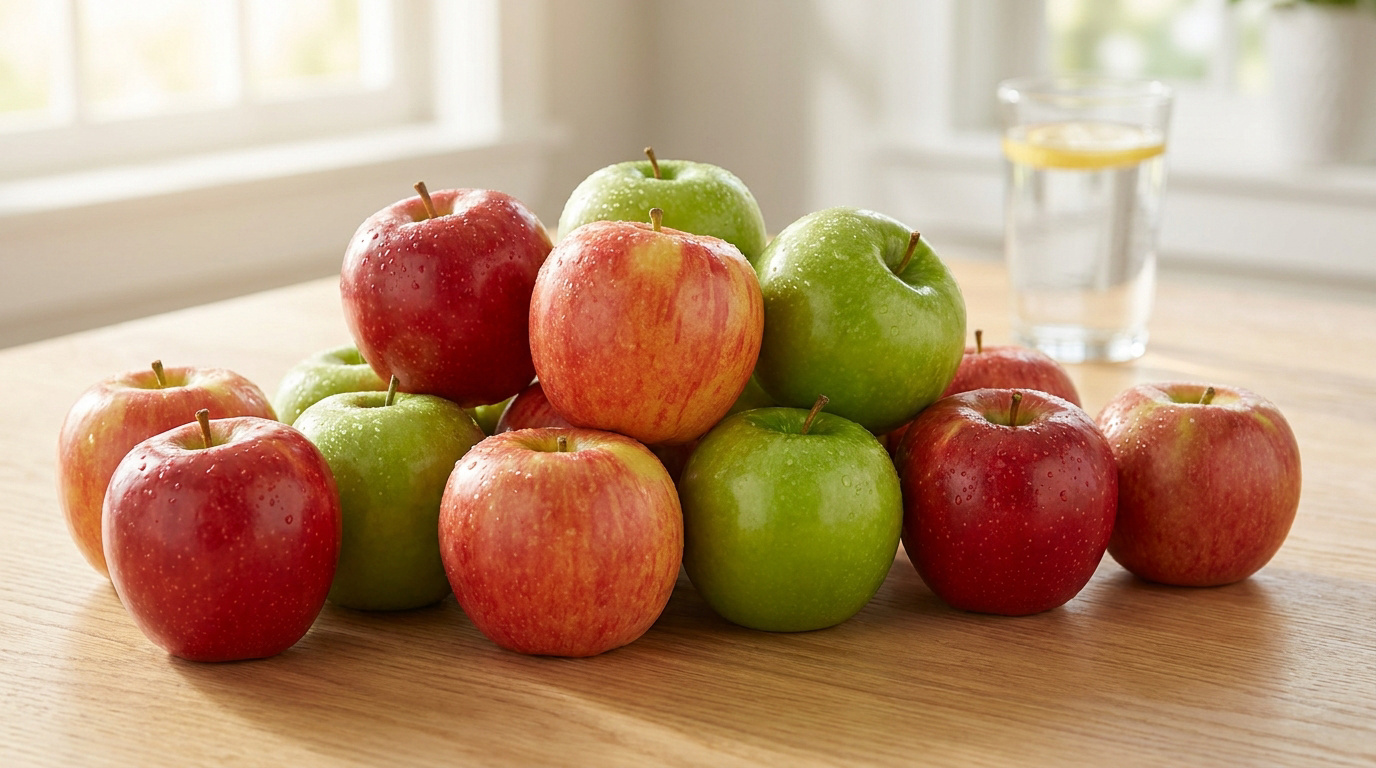 Un tas de pommes rouges et vertes fraîches sur une table en bois avec un verre d'eau citronnée en arrière-plan.