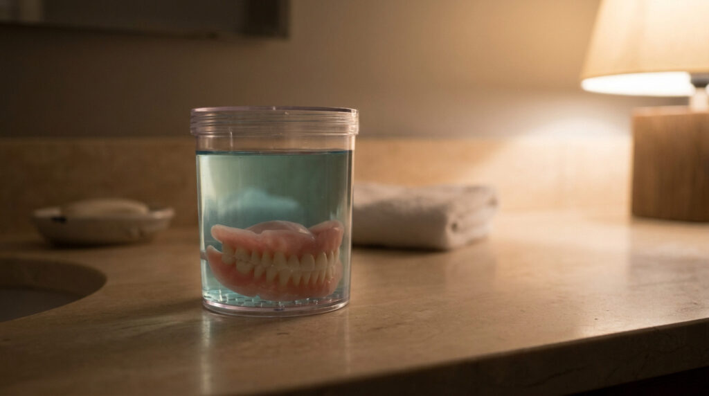 Un dentier immergé dans un verre d'eau posé sur un comptoir de salle de bain à la lumière d'une lampe.