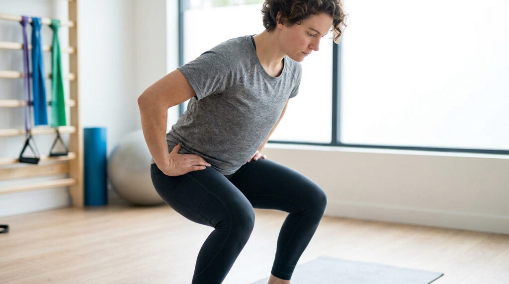 Une femme effectue un squat contrôlé dans un studio de fitness pour renforcer ses genoux.