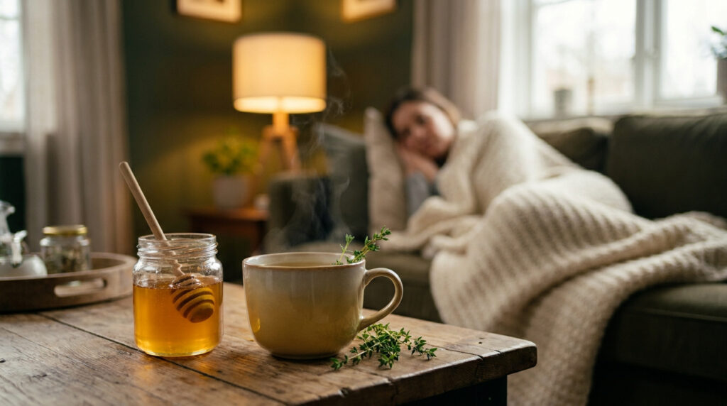 Un pot de miel et une tasse de tisane au thym fumante sur une table avec une personne malade en arrière-plan.