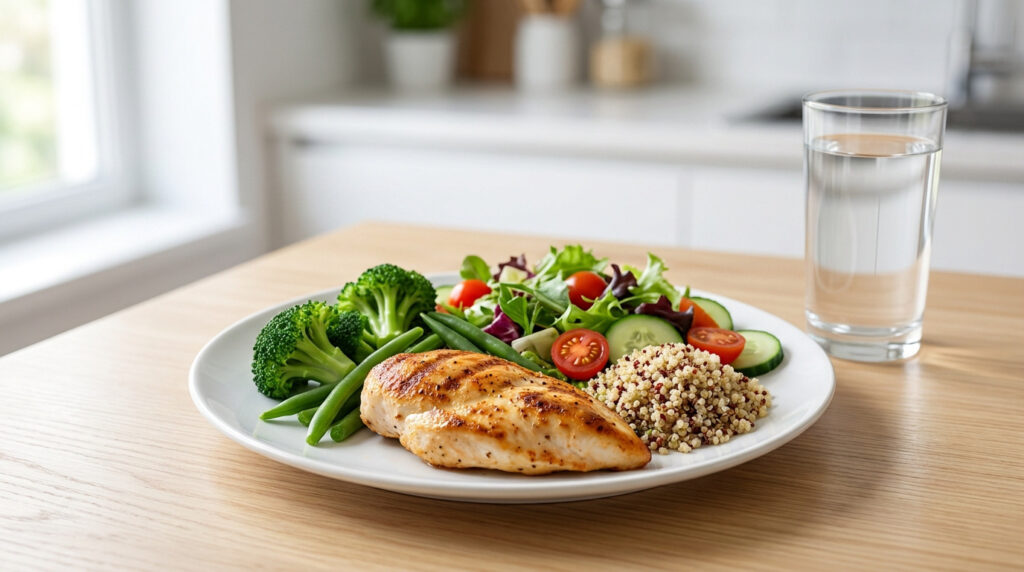 Une assiette équilibrée avec du blanc de poulet grillé, du quinoa, des brocolis et une salade fraîche, avec un verre d'eau.