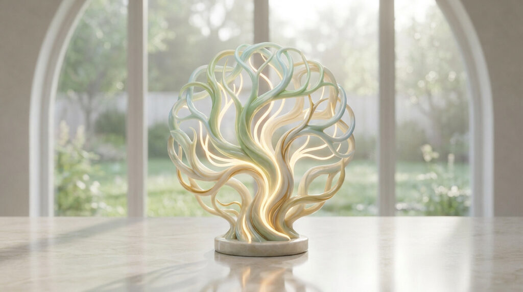 Sculpture lumineuse en forme d'arbre aux branches entrelacées posée sur une table devant une fenêtre lumineuse.