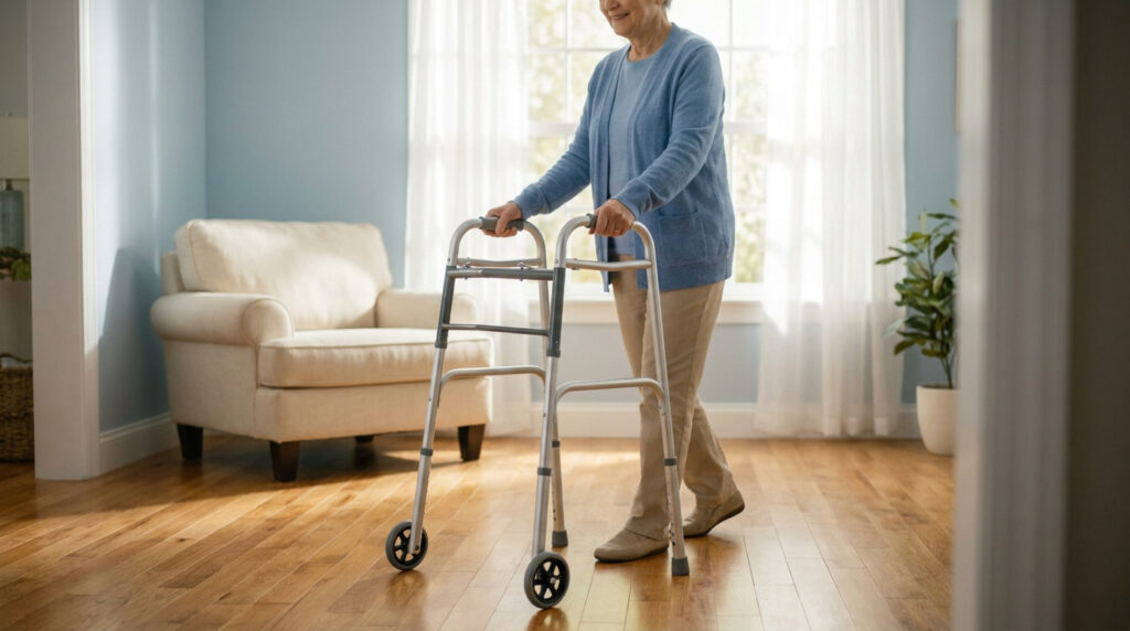 Une personne âgée utilisant un déambulateur à roulettes dans un salon lumineux et confortable.