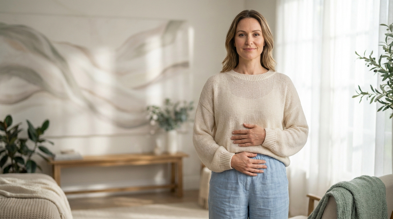 Une femme souriante en pull beige et pantalon bleu, les mains posées sur son abdomen dans un intérieur lumineux.