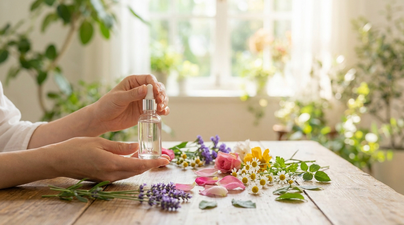 Mains tenant un flacon compte-gouttes avec des fleurs fraîches sur une table en bois.
