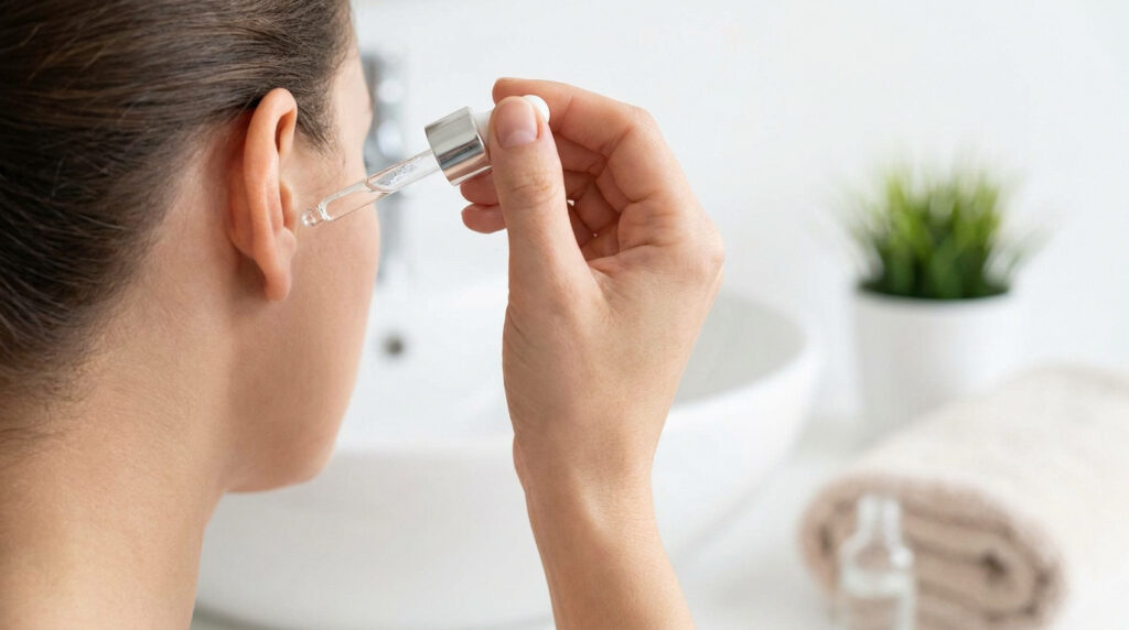 Une personne applique un sérum avec une pipette près de son oreille dans une salle de bain.