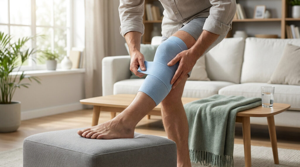 Un homme pose une bande de compression élastique bleue autour de son genou pour soulager un gonflement à la maison.