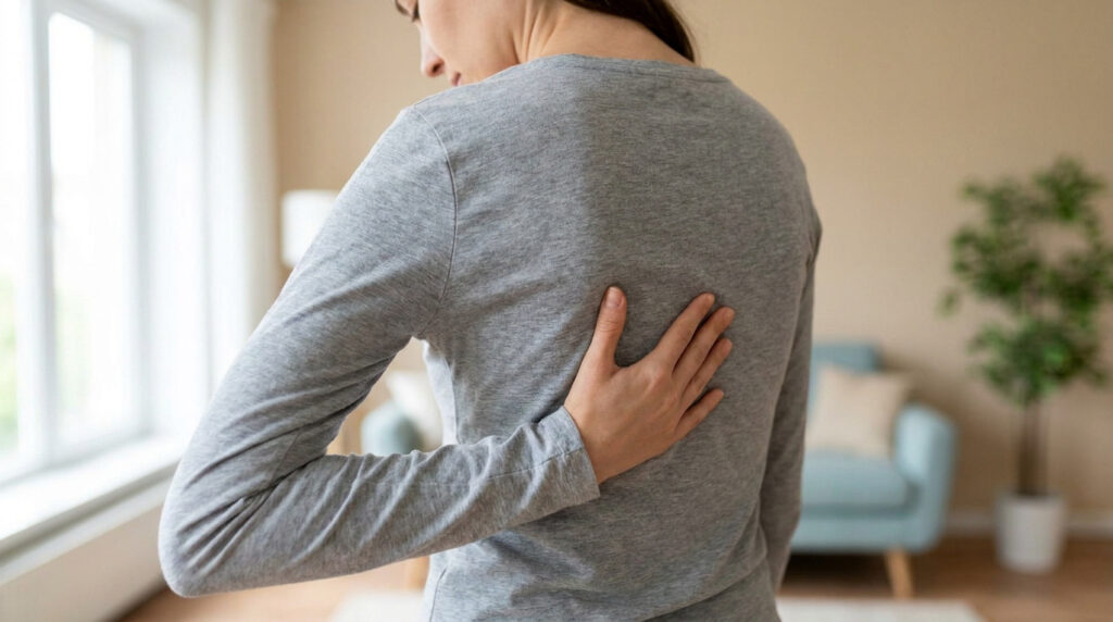 Femme portant un haut gris touchant son dos, zone sous-scapulaire, pour illustrer une douleur musculaire.