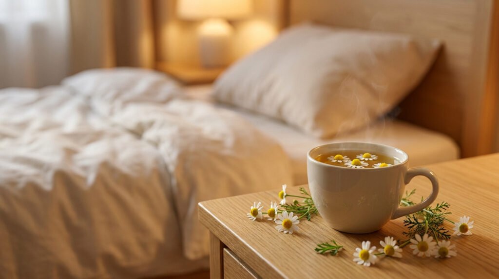 Une tasse de thé à la camomille fumante posée sur une table de chevet près d'un lit douillet.
