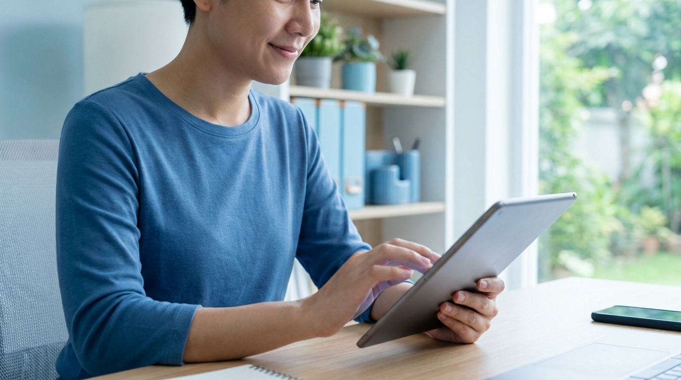 Une personne utilisant une tablette numérique pour contacter sa mutuelle depuis son bureau.